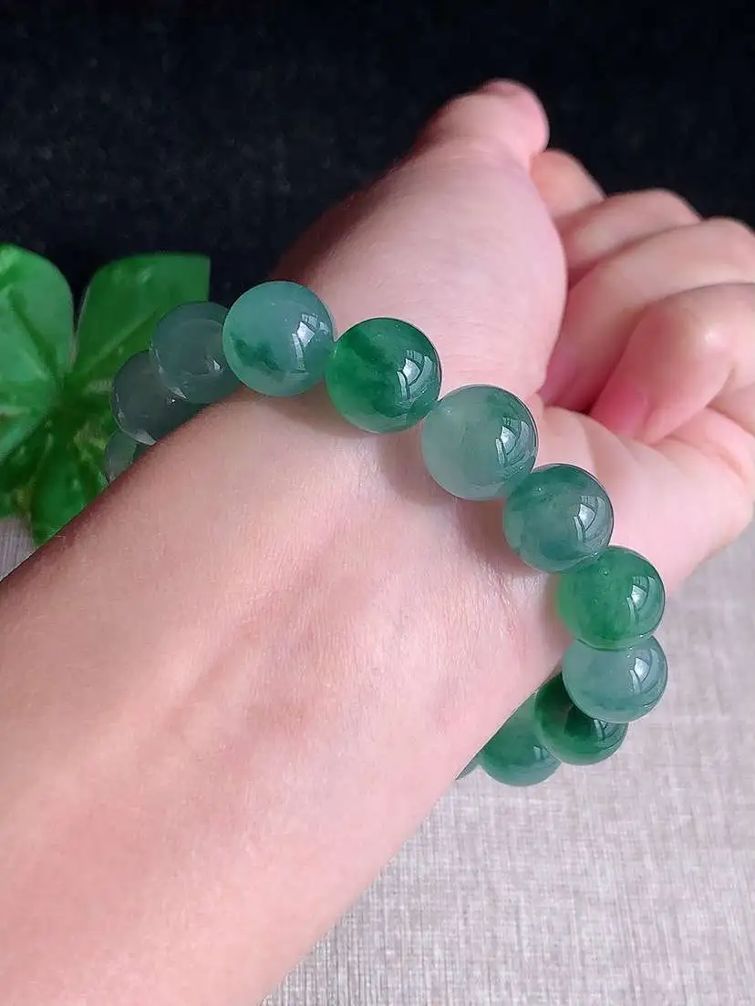 a货翡翠老坑高冰种飘花圆珠佛珠手串16颗  尺寸11.8mm 重量49.03g 1119