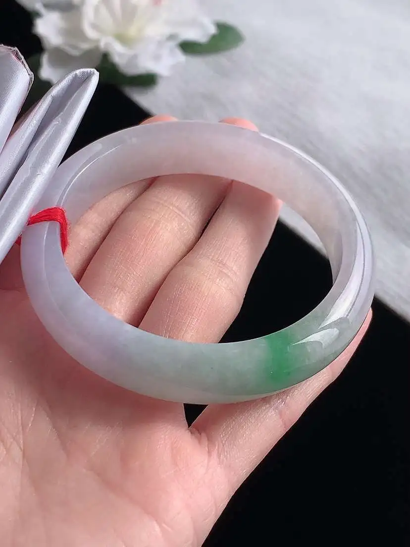 a货翡翠老坑冰种春带彩紫罗兰飘绿正装正圈手镯57-58圈口  尺寸57.5×13.3×7.8mm 1119