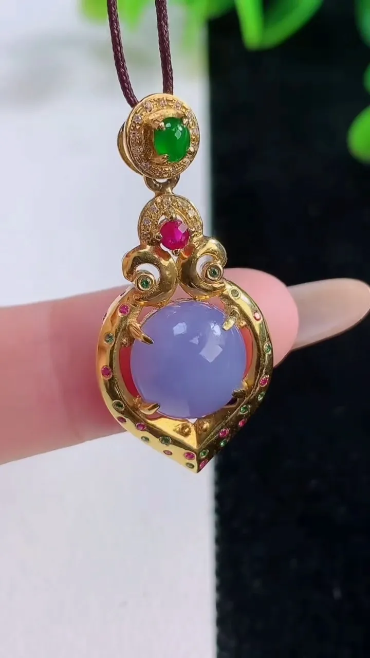 天然A货翡翠18K金紫罗兰蛋面吊坠，尺寸31.5-15.2-7.7，裸石9.6-9.5重量:4.15