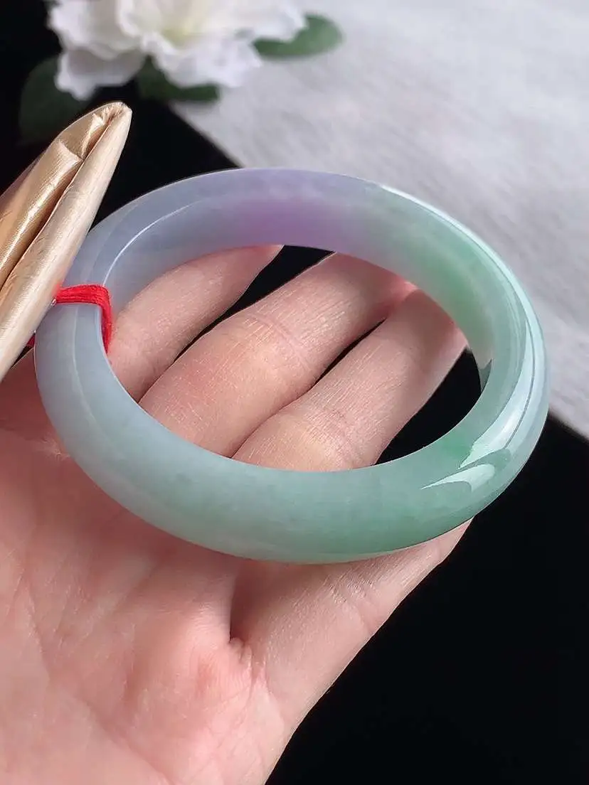 a货翡翠老坑冰种春带彩紫罗兰飘绿厚装正装正圈手镯56-57圈口 尺寸56.8×12.2×9.3mm 1119