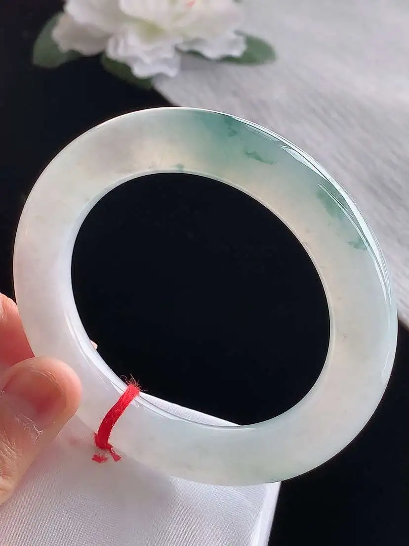 a货翡翠老坑冰种飘花胖圆条手镯56-57圈口  尺寸56.3×10.6mm 1120