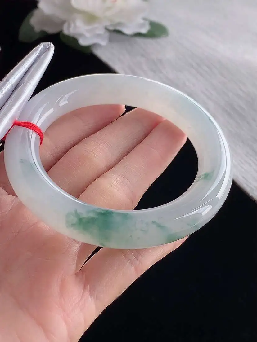 a货翡翠老坑冰种飘花胖圆条手镯56-57圈口  尺寸56.3×10.6mm 1120