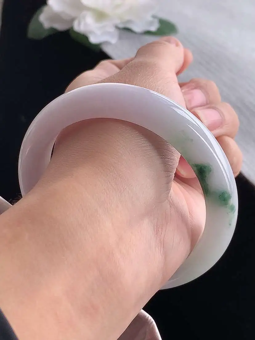 a货翡翠老坑冰种飘花正装正圈手镯58-59圈口  尺寸58.6×12.6×8.5mm 1120