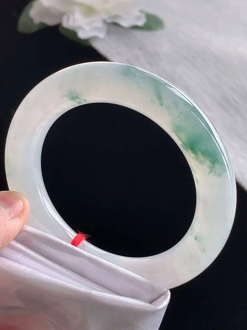 a货翡翠老坑冰种飘花胖圆条手镯56-57圈口  尺寸56.3×10.6mm 1120