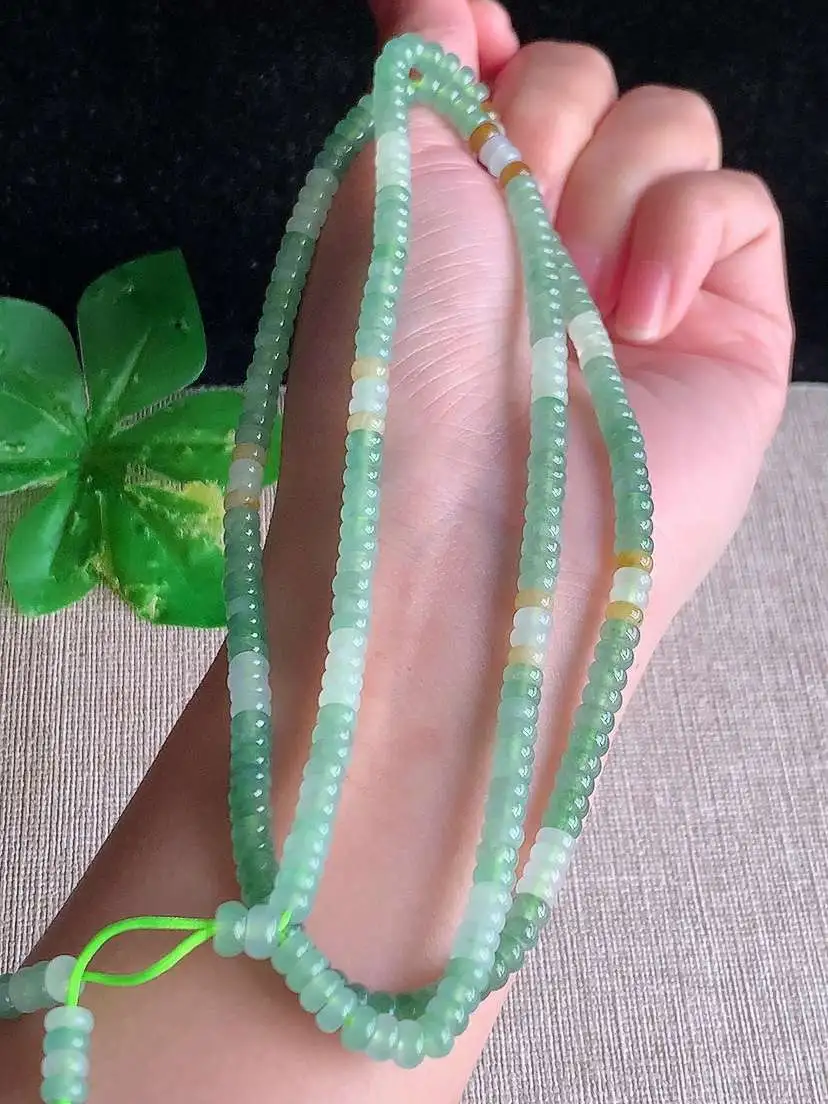 a货翡翠老坑冰种三彩算盘珠项链毛衣链  尺寸4.6×2mm 重量30.55g 1121