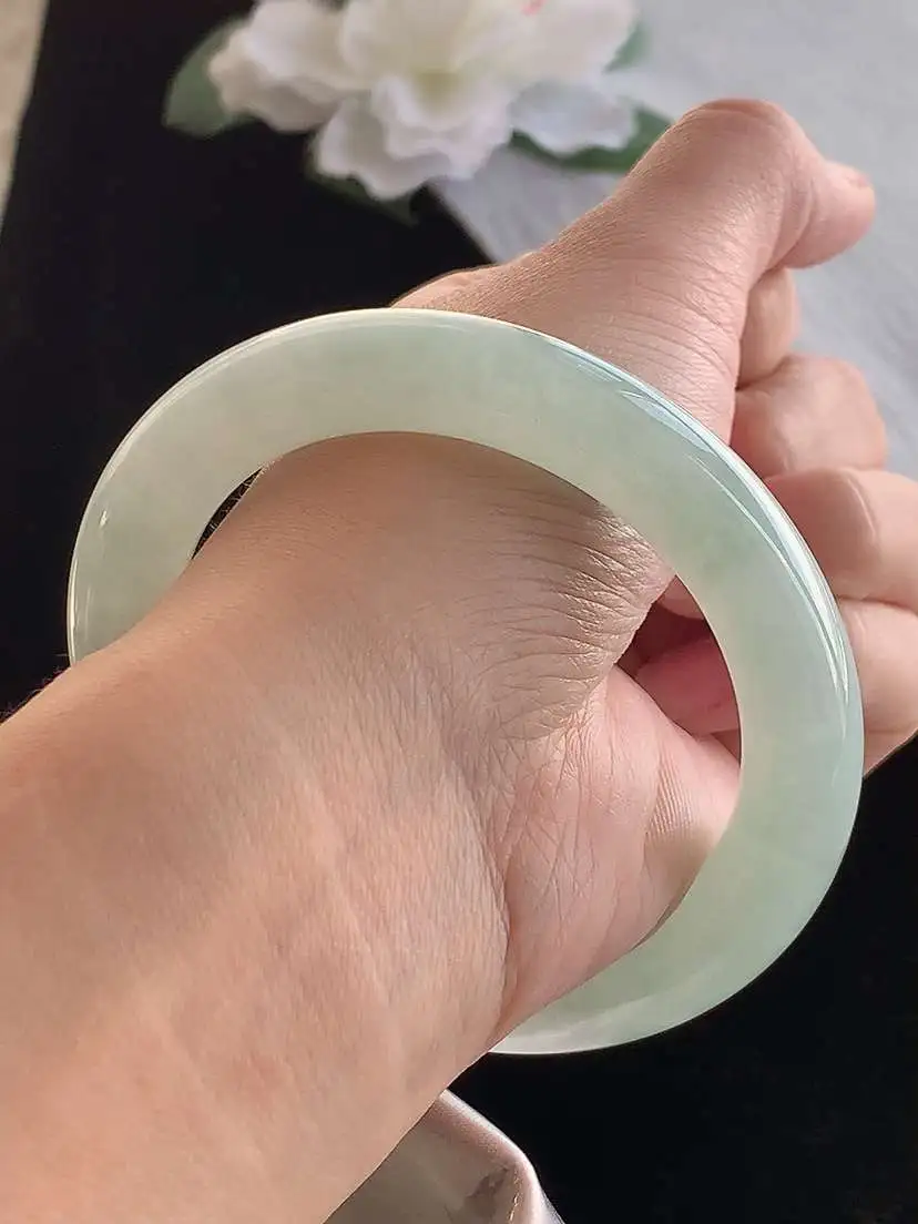 a货翡翠老坑冰种甜绿晴绿圆条手镯57-58圈口  尺寸57.3×11mm 1121