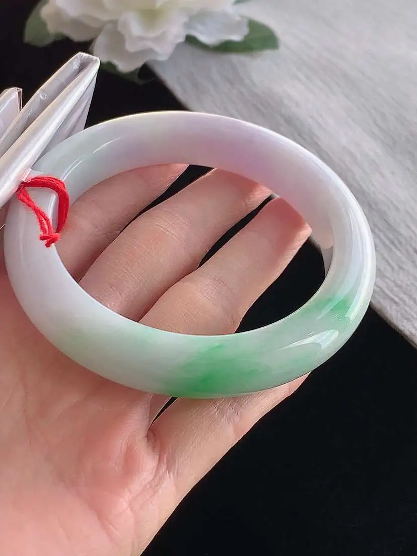 a货翡翠老坑冰种春带彩紫罗兰飘绿厚装正装正圈手镯61-62大圈口 尺寸61.5×12.5×10mm 1121