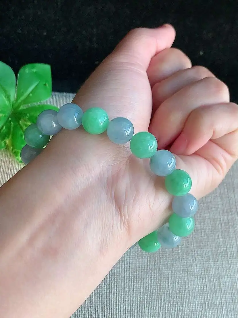 a货翡翠老坑冰种紫罗兰满绿圆珠佛珠手串19颗  尺寸9.7mm 重量33.50g 1121