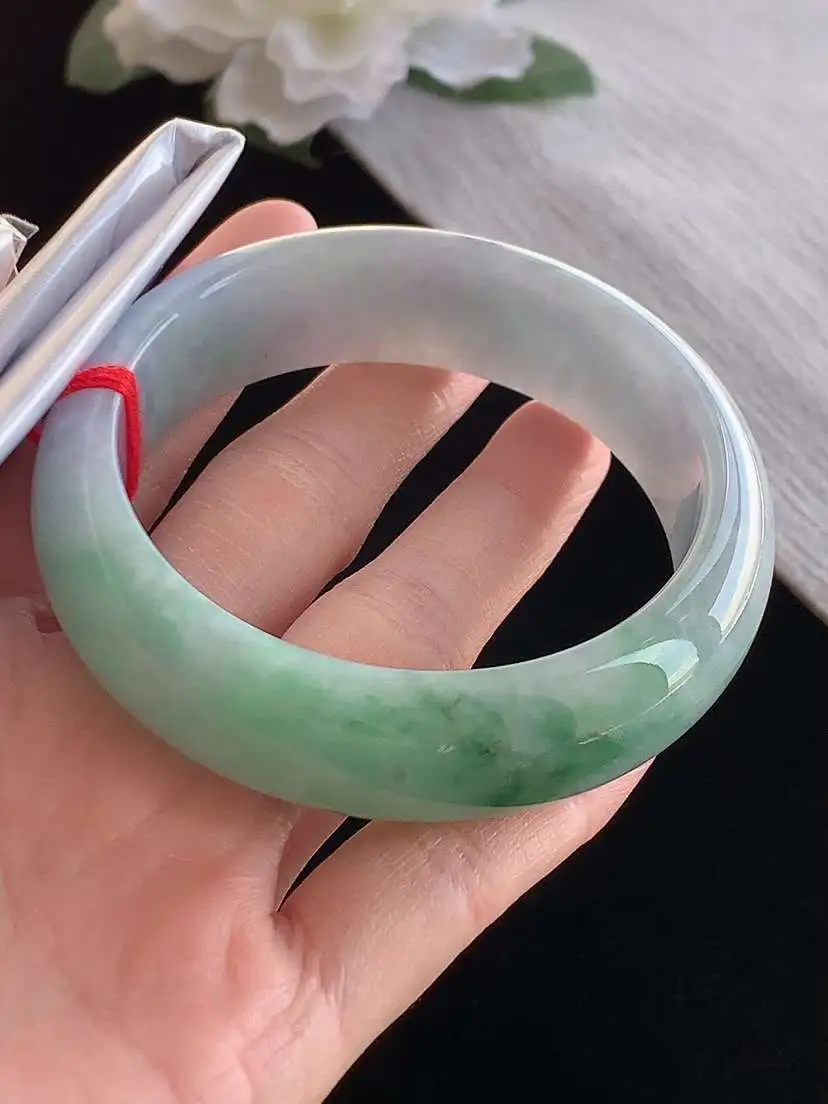 a货翡翠老坑冰种春带彩紫罗兰飘绿轮胎边宽边正装正圈手镯57-58圈口  尺寸57.8×18×8.5mm 1121