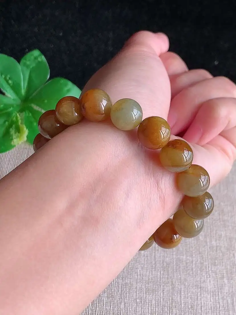 a货翡翠老坑冰种黄翡圆珠佛珠手串16颗  尺寸14×11.2mm 重量47.85g 1121