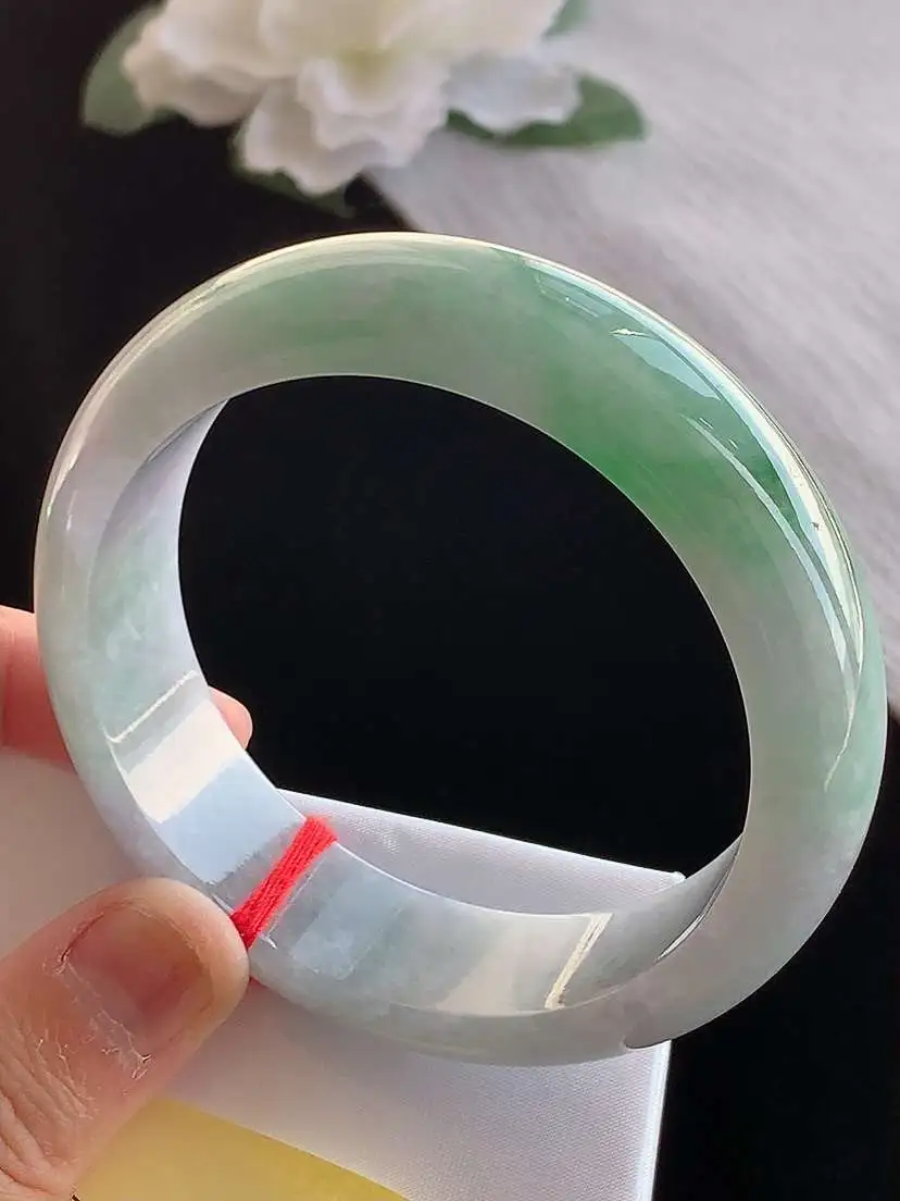 a货翡翠老坑冰种春带彩紫罗兰飘绿轮胎边宽边正装正圈手镯57-58圈口  尺寸57.8×18×8.5mm 1121