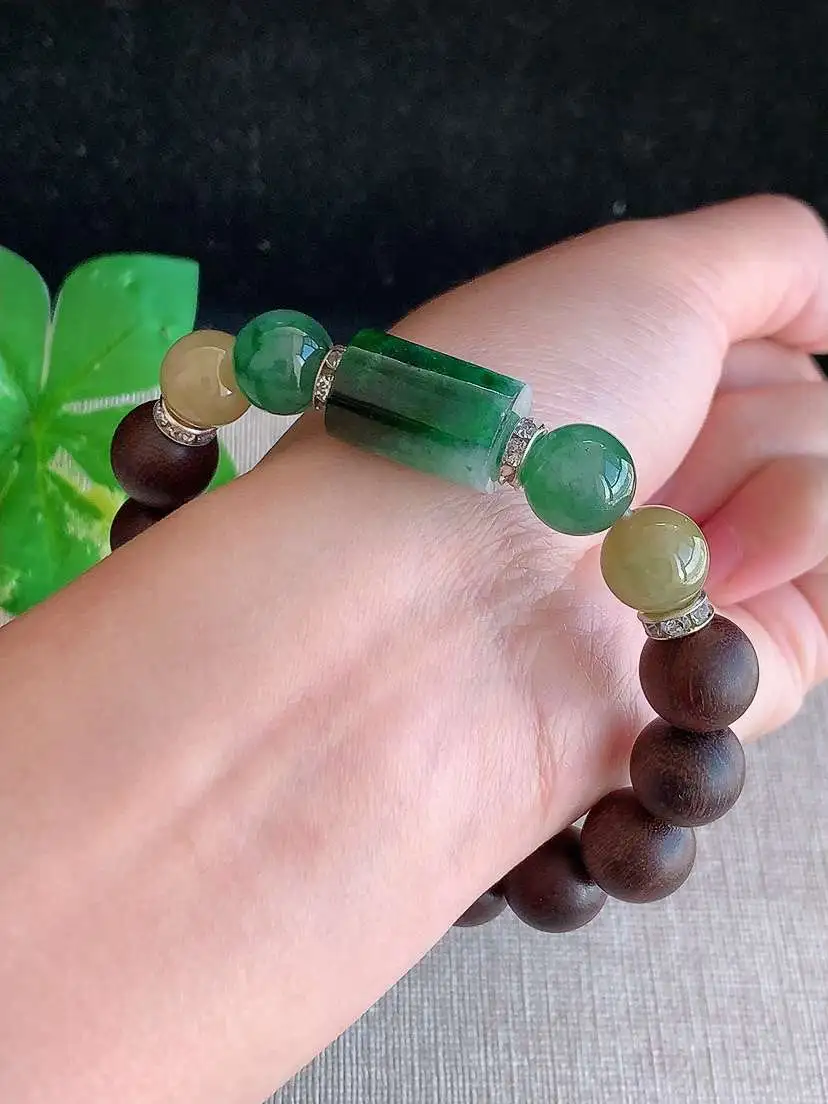 a货翡翠老坑冰种黄翡满绿圆珠路路通手串  尺寸17×11.3mm 重量25.92g 1121