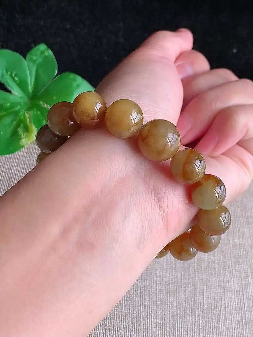 a货翡翠老坑冰种黄翡圆珠佛珠手串16颗  尺寸14×11.2mm 重量47.85g 1121