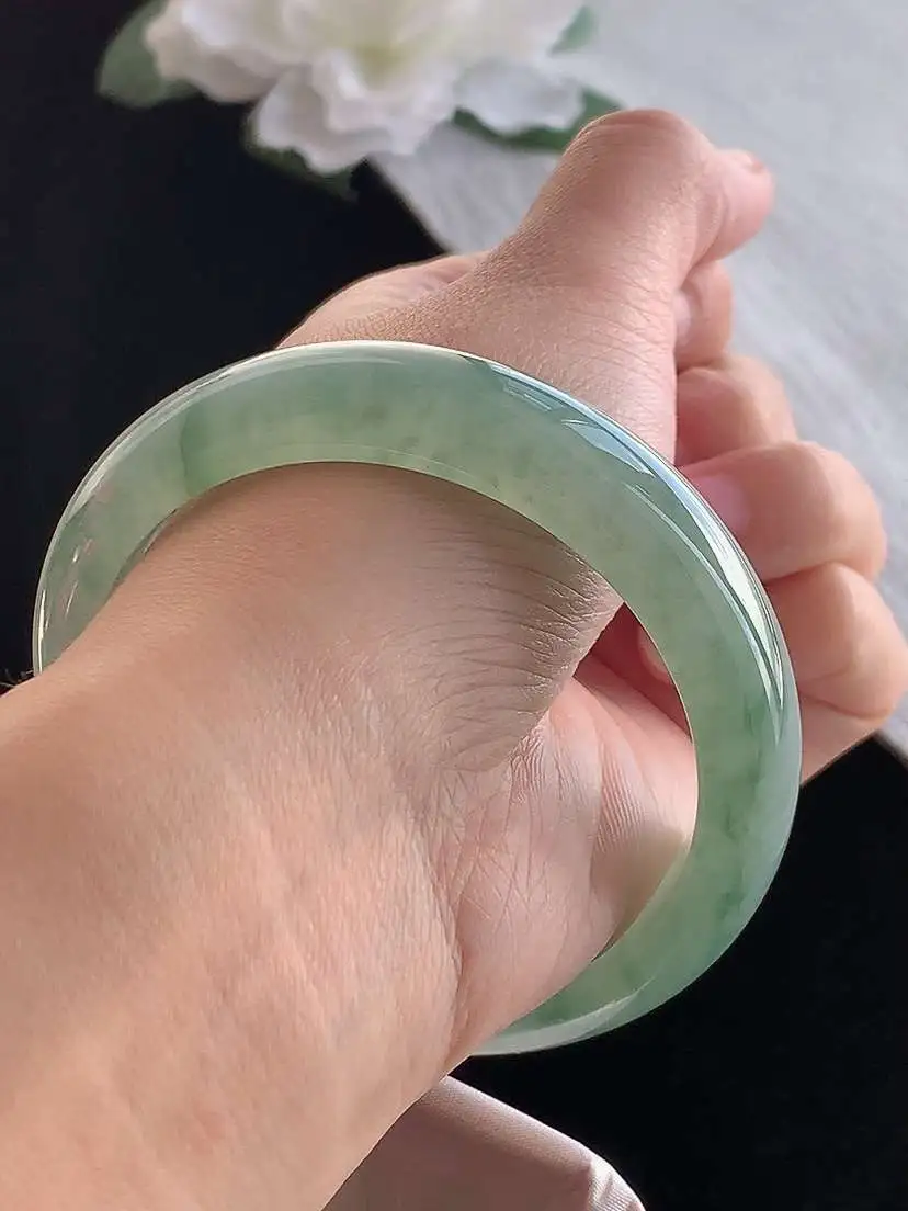 a货翡翠老坑冰种飘花正装正圈手镯57-58圈口  尺寸57.8×14.5×8mm 1121