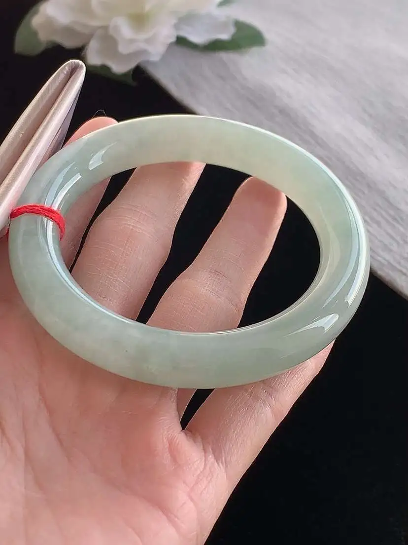 a货翡翠老坑冰种甜绿晴绿圆条手镯57-58圈口  尺寸57.3×11mm 1121
