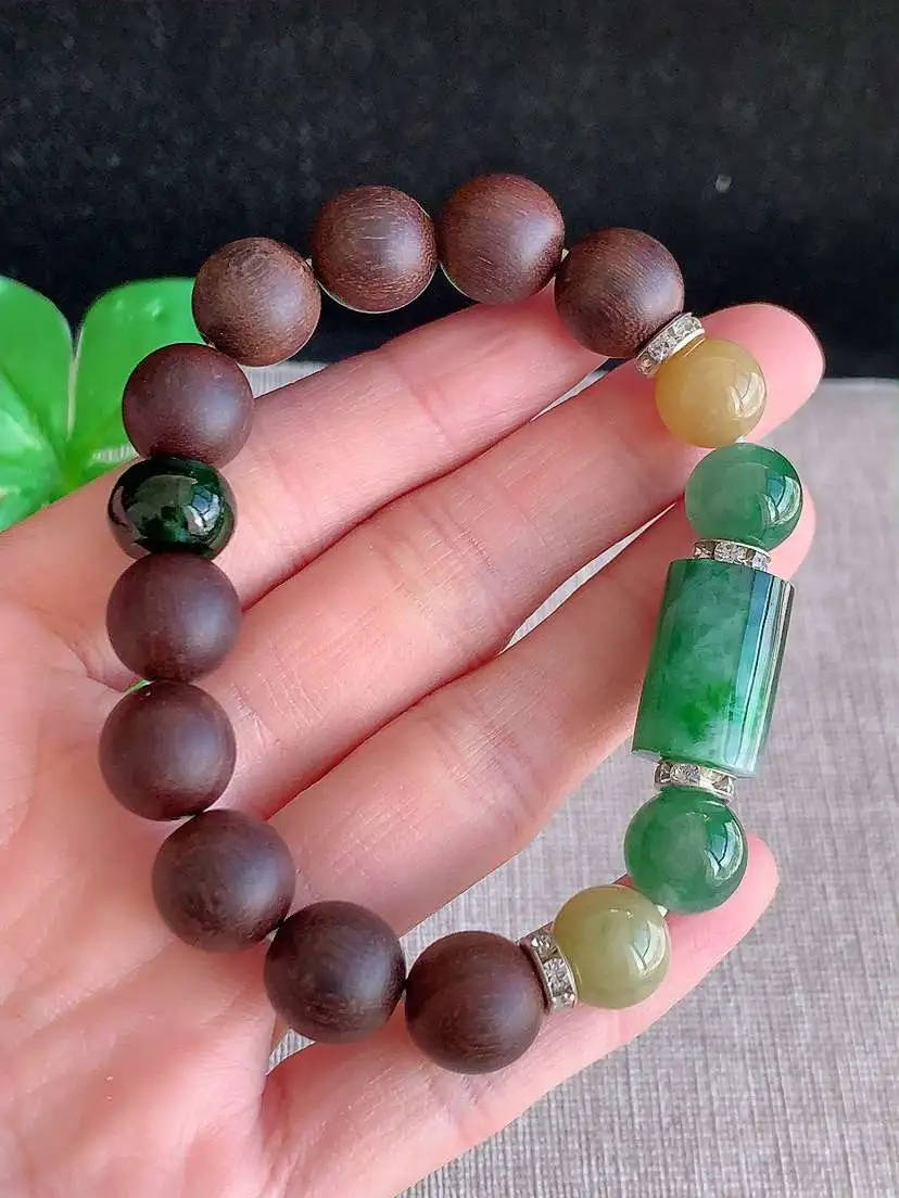 a货翡翠老坑冰种黄翡满绿圆珠路路通手串  尺寸17×11.3mm 重量25.92g 1121