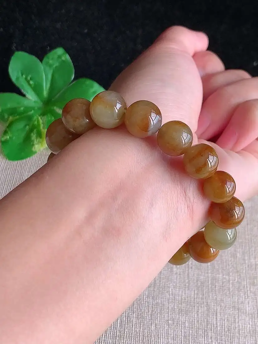 a货翡翠老坑冰种黄翡圆珠佛珠手串16颗  尺寸14×11.2mm 重量47.85g 1121