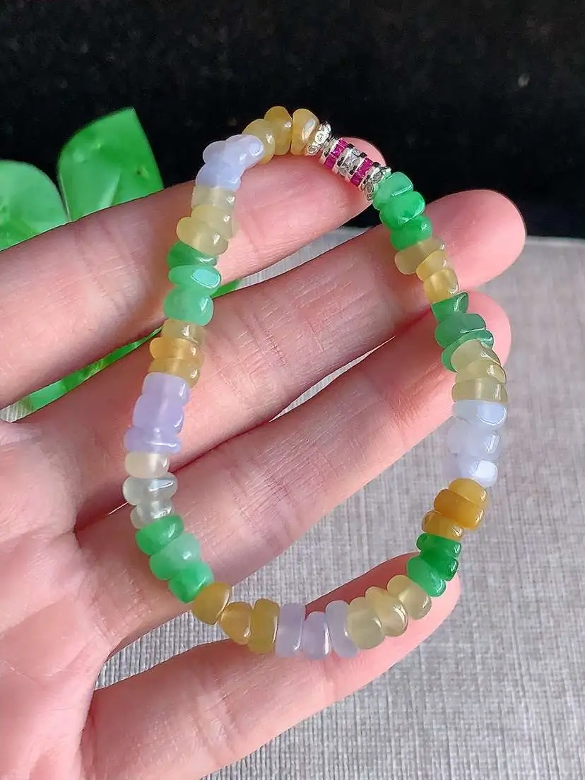 a货翡翠老坑冰种多彩随形手串 尺寸6×4×3.5mm 重量12.70g 1121