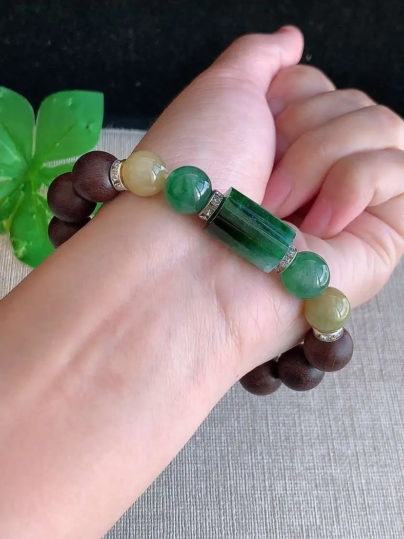 a货翡翠老坑冰种黄翡满绿圆珠路路通手串  尺寸17×11.3mm 重量25.92g 1121