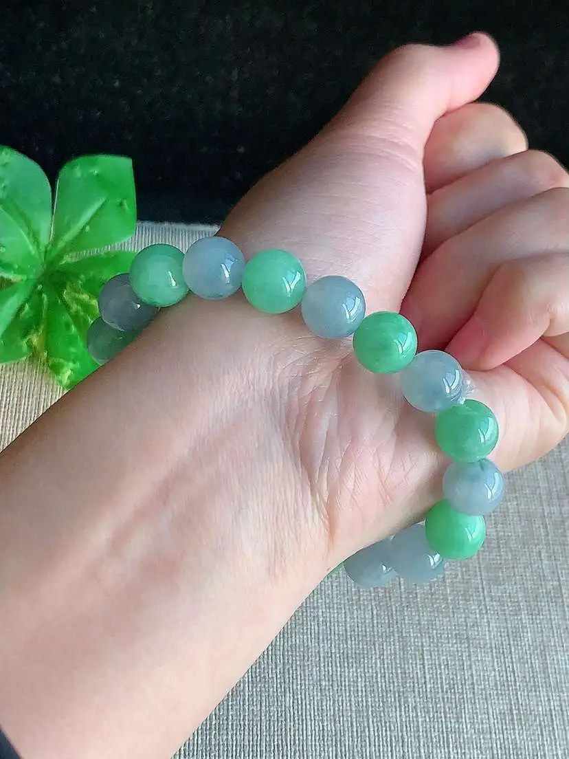 a货翡翠老坑冰种紫罗兰满绿圆珠佛珠手串19颗  尺寸9.7mm 重量33.50g 1121