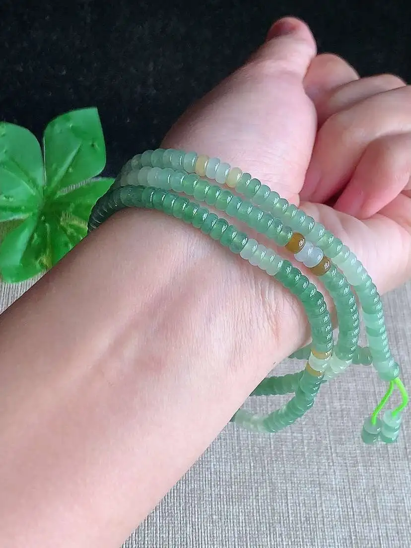 a货翡翠老坑冰种三彩算盘珠项链毛衣链  尺寸4.6×2mm 重量30.55g 1121