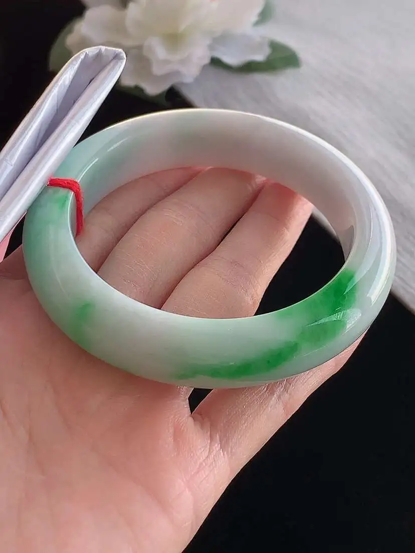 a货翡翠老坑冰种飘阳绿厚装正装正圈手镯59-60大圈口 尺寸59.6×13.5×10mm 1121