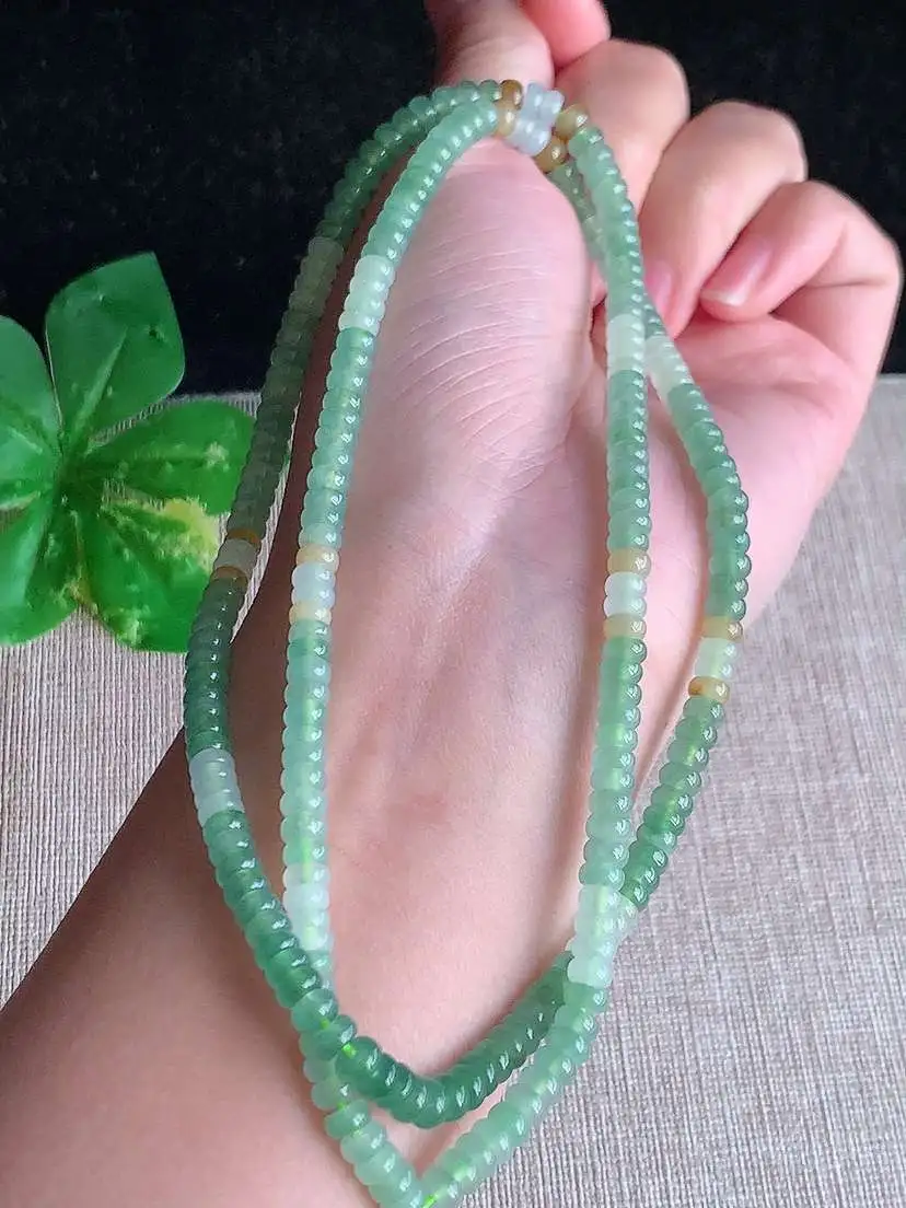 a货翡翠老坑冰种三彩算盘珠项链毛衣链  尺寸4.6×2mm 重量30.55g 1121