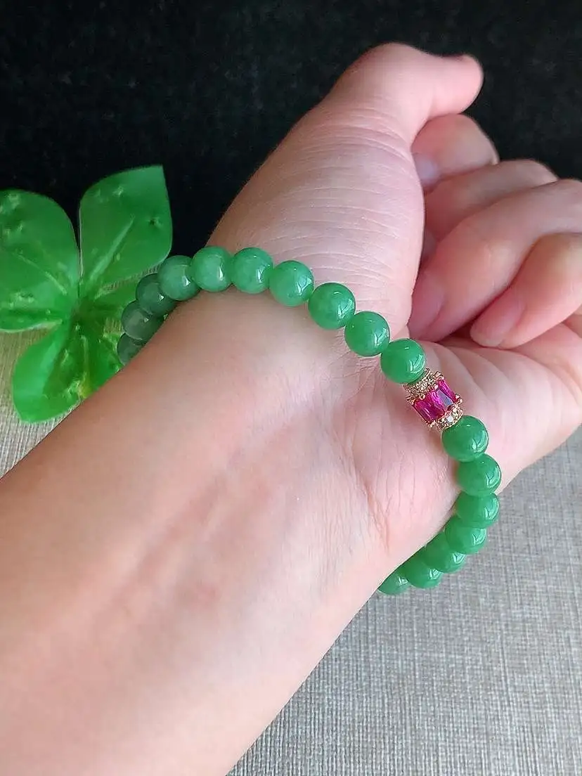 a货翡翠老坑冰种满绿圆珠佛珠手串27颗  尺寸6.3mm 重量15.10g 1123