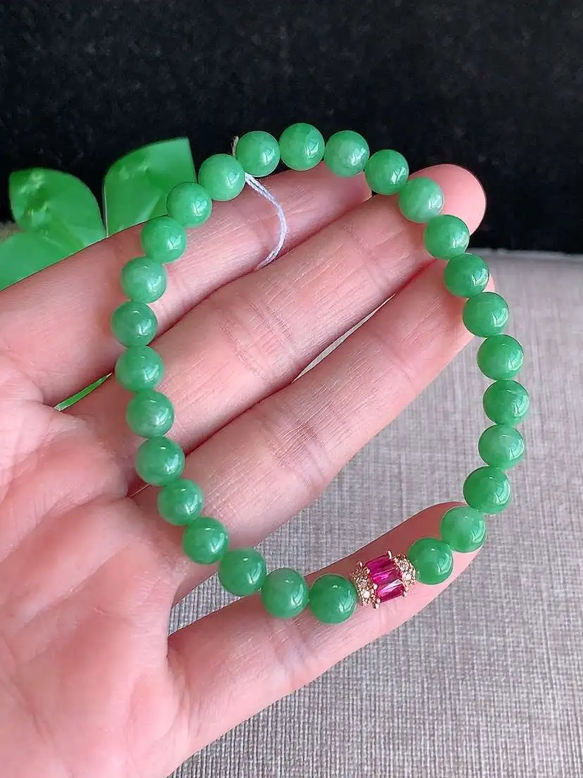 a货翡翠老坑冰种满绿圆珠佛珠手串27颗  尺寸6.3mm 重量15.10g 1123