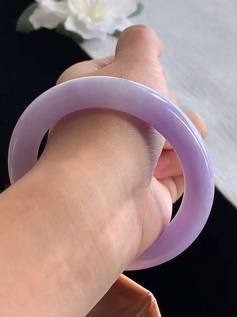 a货翡翠老坑冰种紫罗兰圆条手镯56-57圈口  尺寸56.7×10.8mm 1123