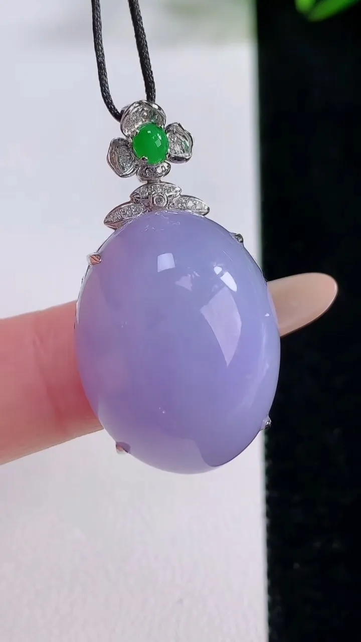 天然A货翡翠18K金紫罗兰蛋面吊坠，尺寸33.7-23.8-18.8-12.3，重量:10.38g
