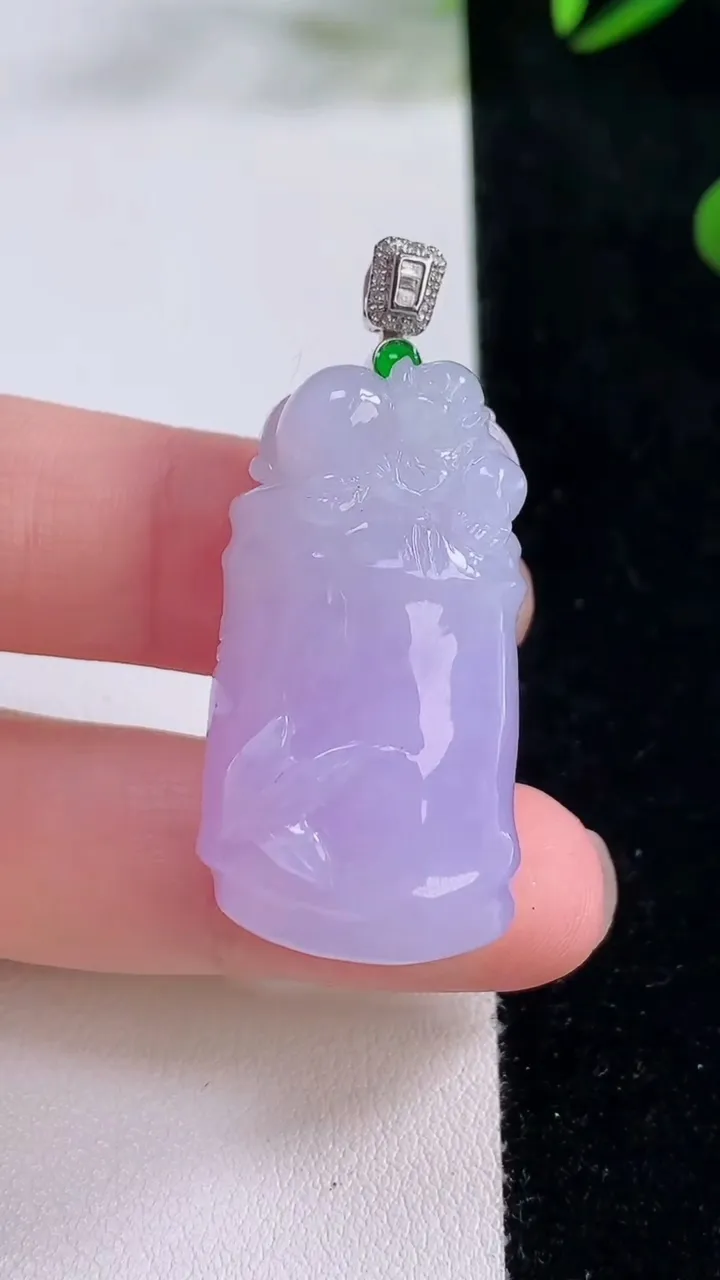 天然A货翡翠18K金紫罗兰节节高升 竹节吊坠，尺寸35.6-19.2-12.2，重量:19.22g
