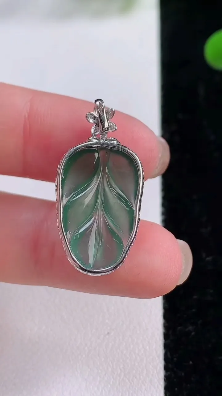 天然A货翡翠金枝玉叶 叶子吊坠，尺寸27.8-13.7-6.5，裸石20-12.6重量:2.52g
11月25日