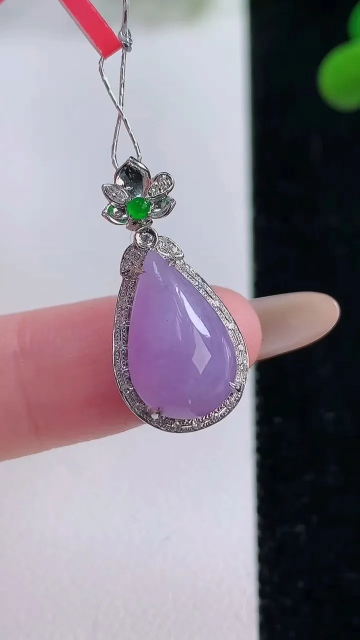 天然A货翡翠18K金紫罗兰水滴吊坠，尺寸24-11.5-8.6，裸石14.2-8.8重量:2.26g