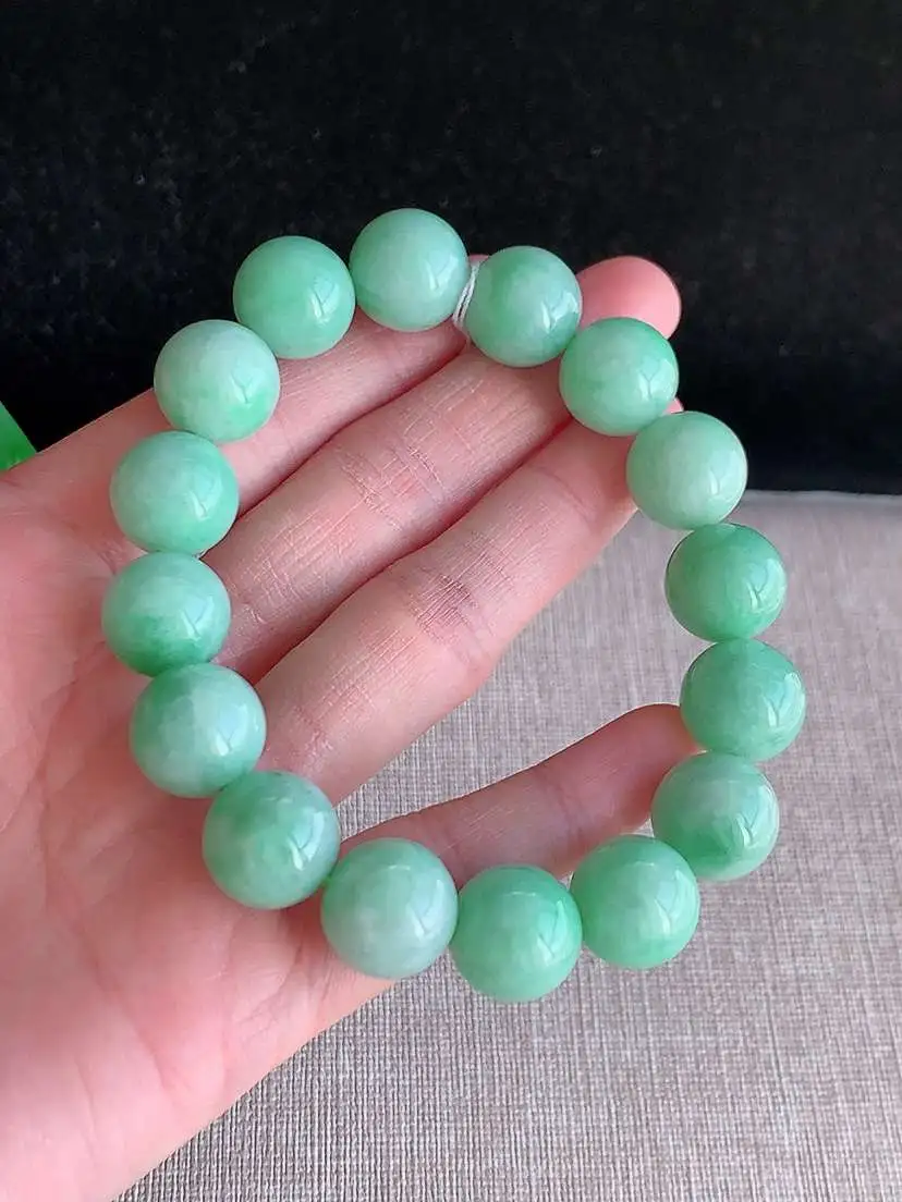 a货翡翠老坑冰种满绿圆珠佛珠手串16颗  尺寸13.2mm 重量67.56g 1126