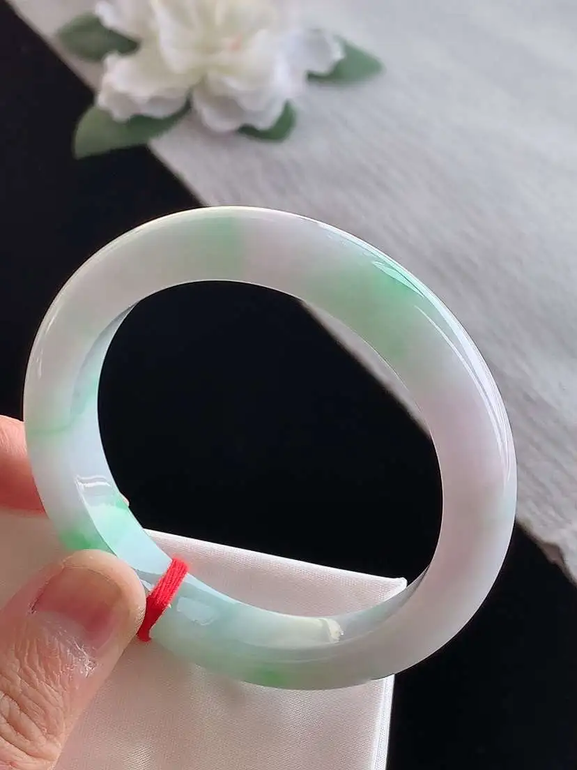 a货翡翠老坑冰种春带彩紫罗兰飘绿正装正圈手镯53-54圈口 尺寸53.5×10.4×8.3mm 1126