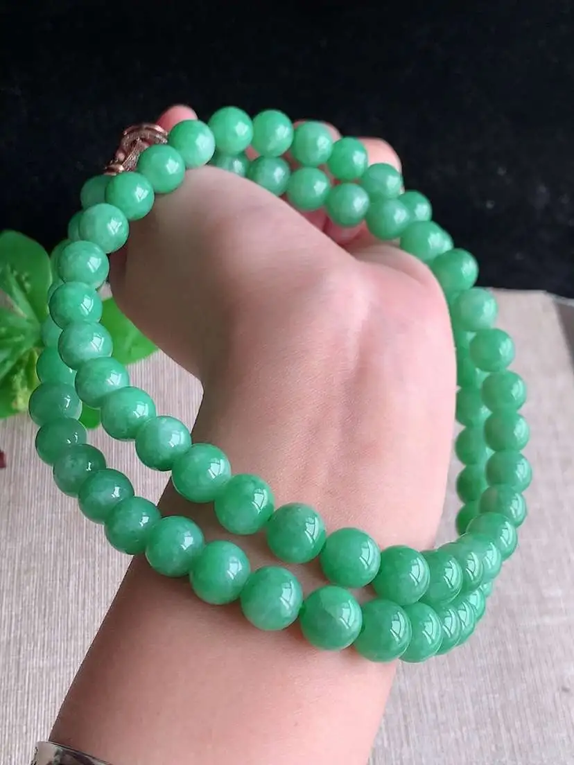 a货翡翠老坑冰种满绿圆珠项链毛衣链68颗  尺寸9.8mm 重量123.14g 1127