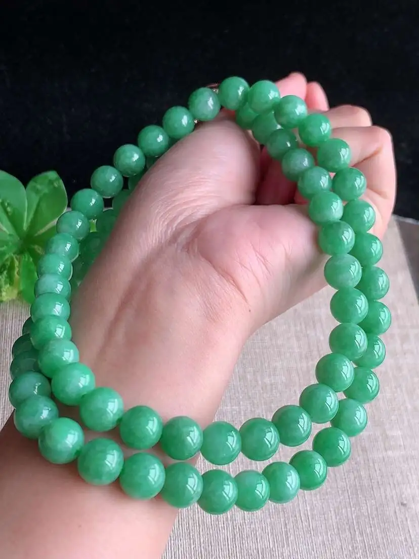 a货翡翠老坑冰种满绿圆珠项链毛衣链68颗  尺寸9.8mm 重量123.14g 1127