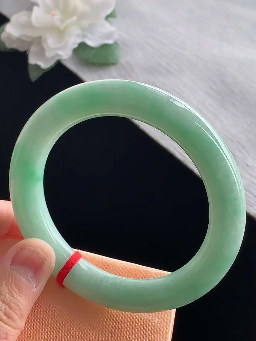 a货翡翠老坑冰种满绿圆条手镯57-58圈口 尺寸57.3×11mm 1127