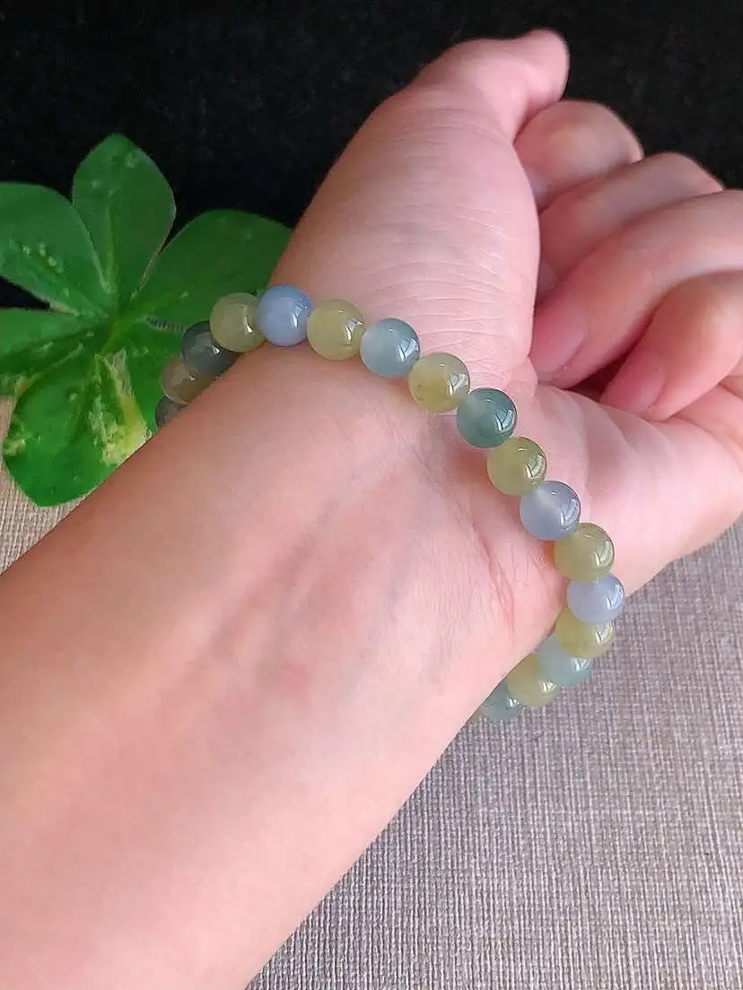 a货翡翠老坑冰种黄翡晴底圆珠佛珠手串26颗 尺寸6.6mm 重量15.13g 1129