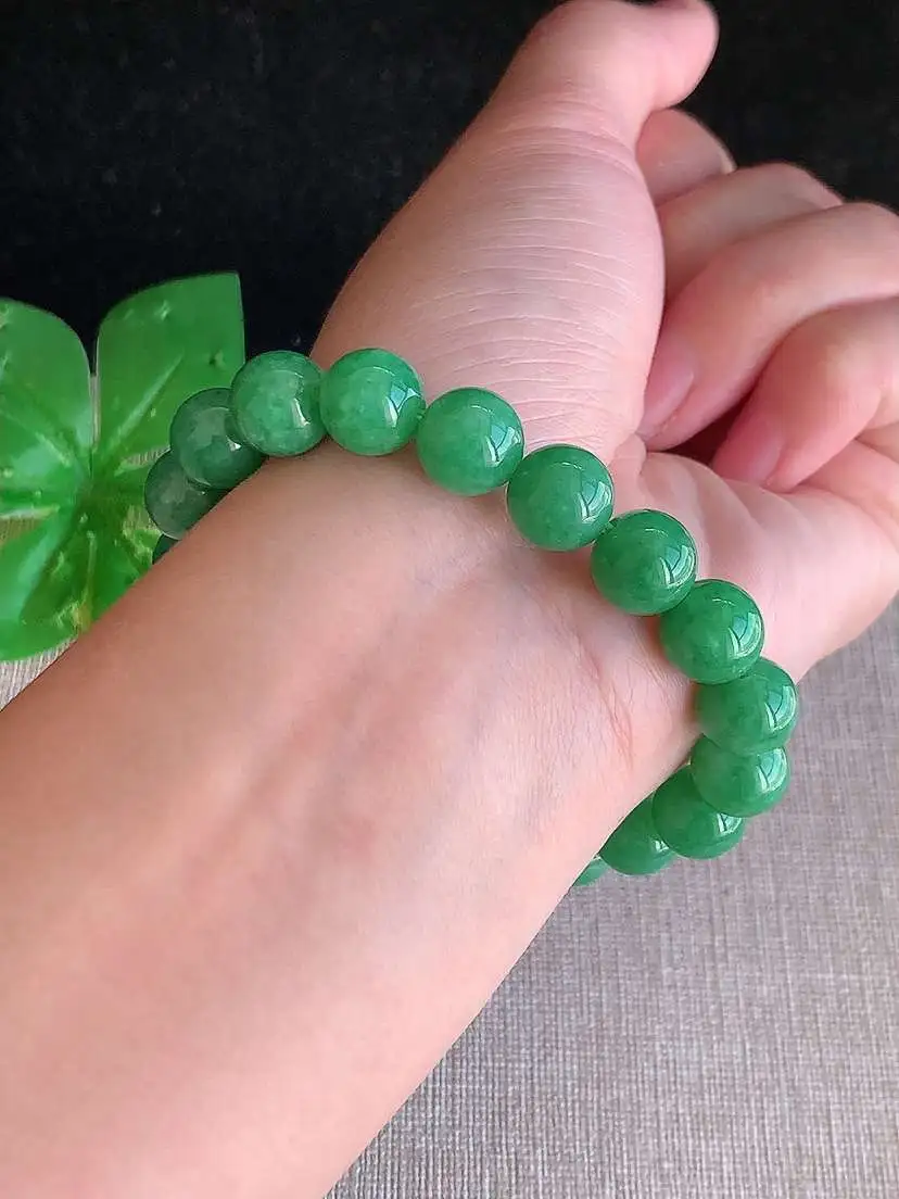 a货翡翠老坑冰种满绿圆珠佛珠手串19颗 尺寸10.5mm 重量32.58g 1129