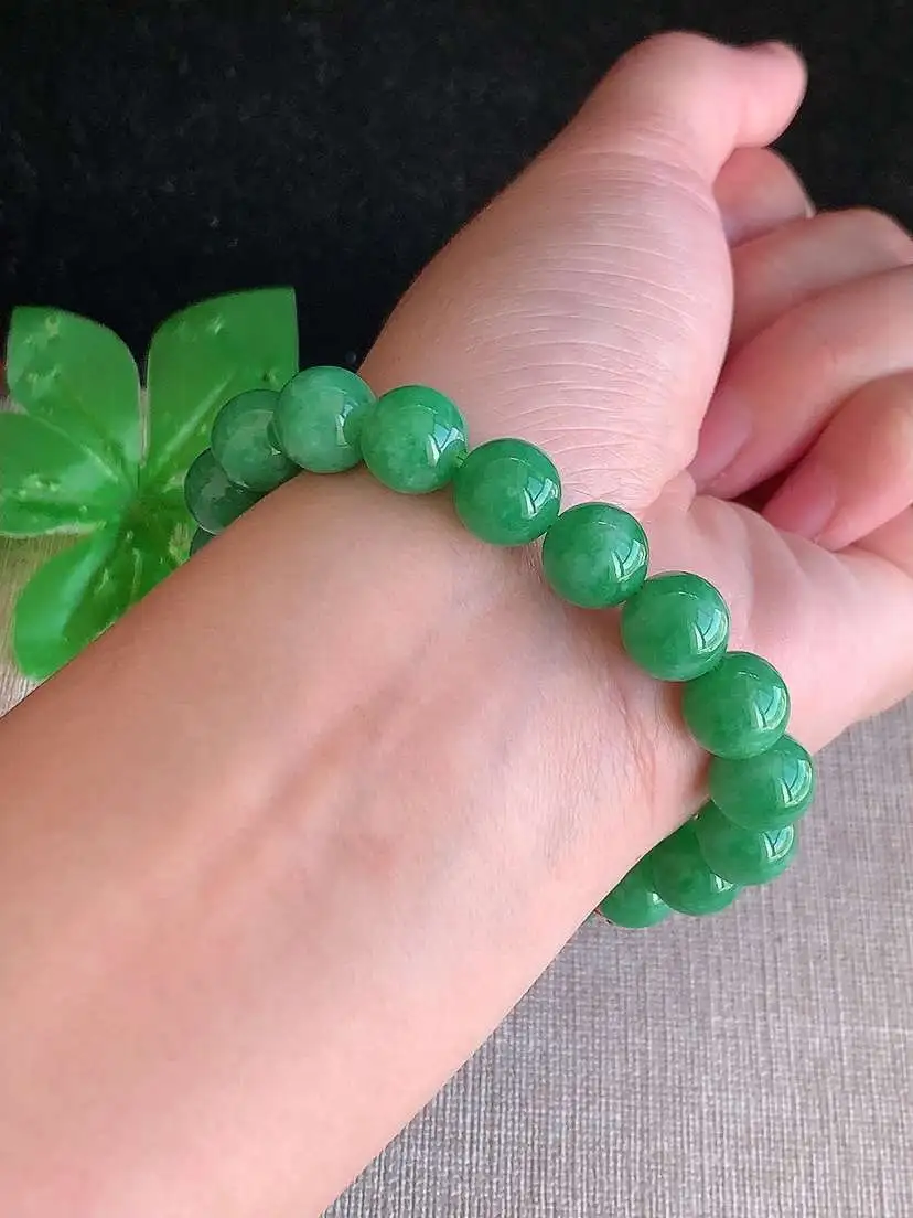 a货翡翠老坑冰种满绿圆珠佛珠手串19颗 尺寸10.5mm 重量32.58g 1129