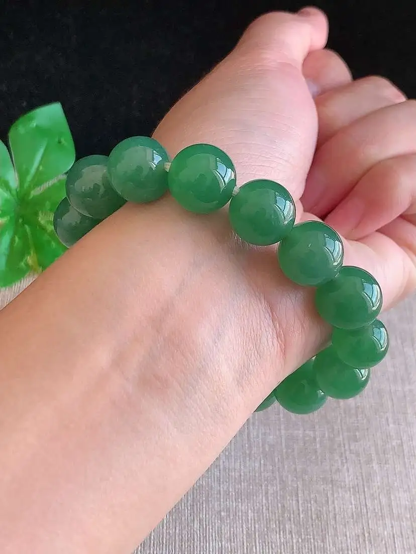 a货翡翠老坑冰种满绿圆珠佛珠手串15颗 尺寸13.2mm 重量60.96g 1129
