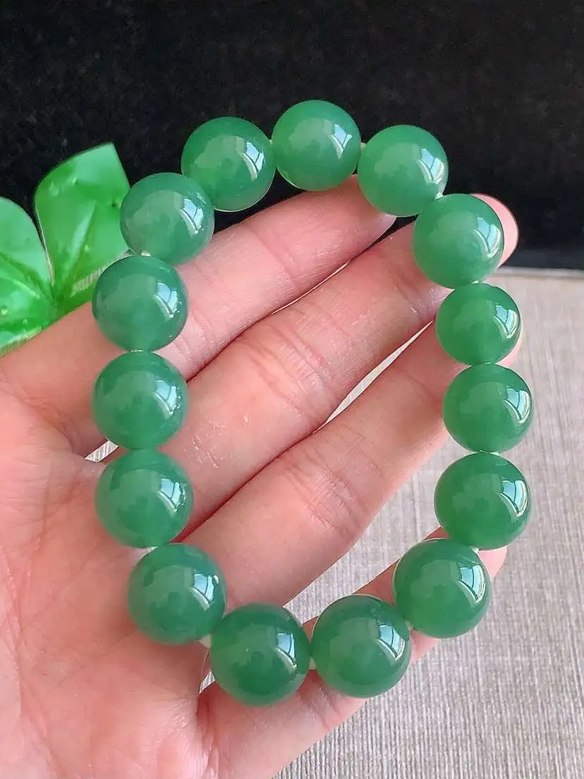 a货翡翠老坑冰种满绿圆珠佛珠手串15颗 尺寸13.2mm 重量60.96g 1129