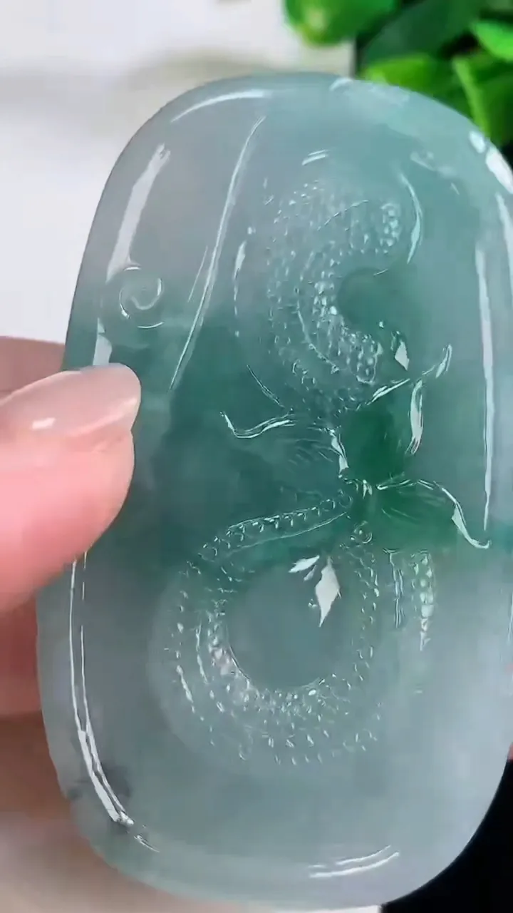 天然A货翡翠种飘花龙牌吊坠，尺寸67-40-12，重:67.04g
11月30日