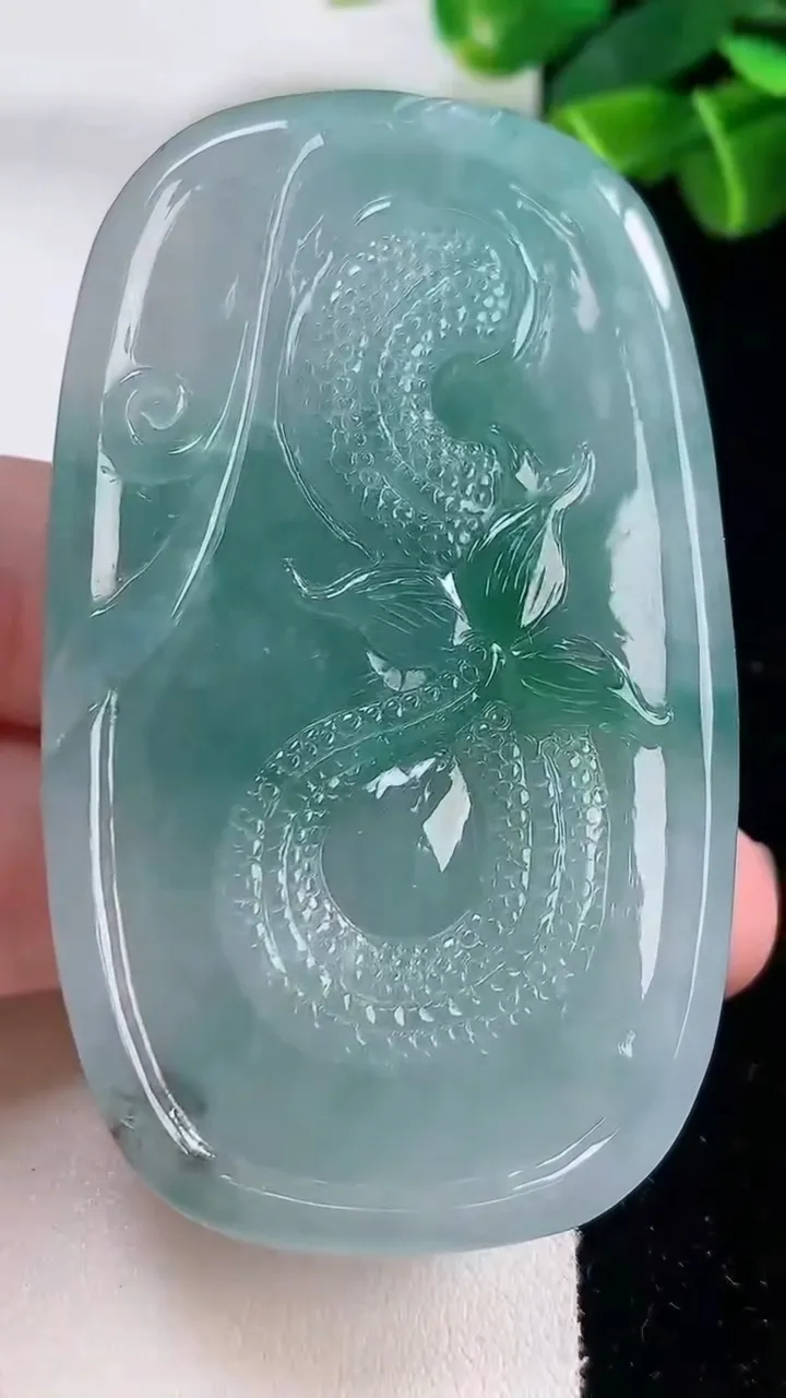 天然A货翡翠种飘花龙牌吊坠，尺寸67-40-12，重:67.04g
11月30日