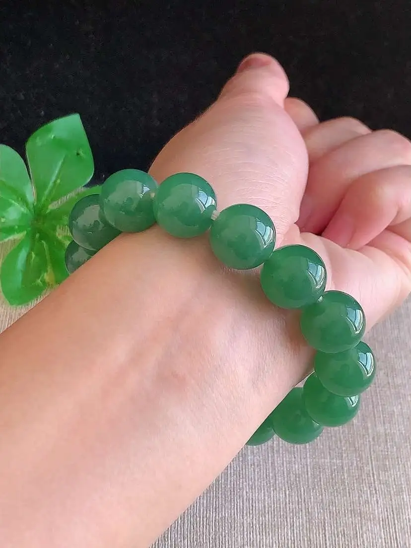 a货翡翠老坑冰种满绿圆珠佛珠手串15颗 尺寸13.2mm 重量60.96g 1129