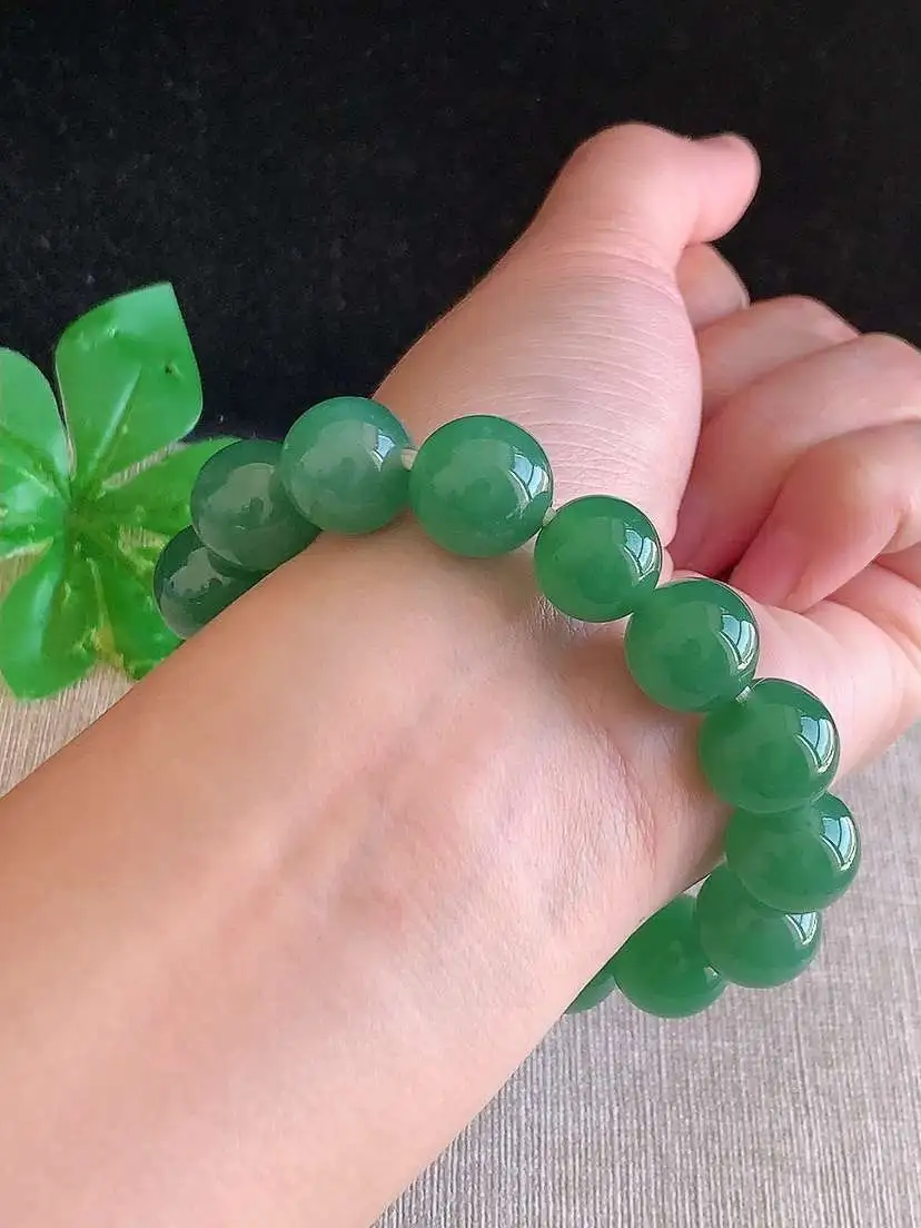 a货翡翠老坑冰种满绿圆珠佛珠手串15颗 尺寸13.2mm 重量60.96g 1129