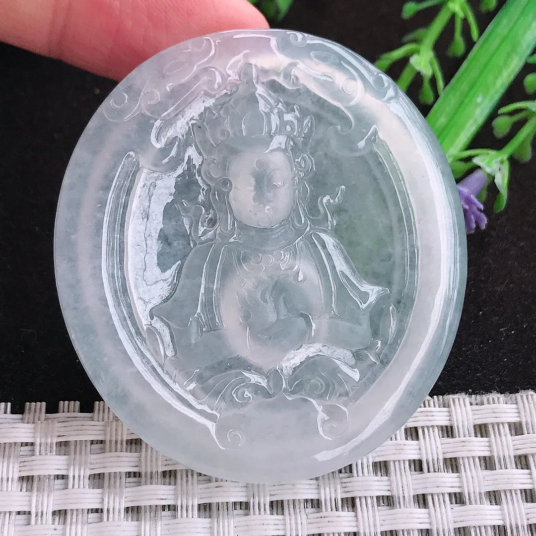 自然光52.3/48/5老坑冰种起胶白冰观音菩萨吊坠翡翠玉坠挂件百搭