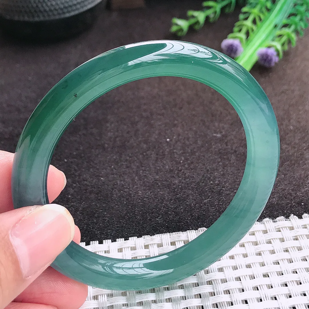 自然光55.5/9/8.6老坑冰胶果冻满色蓝韵圆条手镯宽边翡翠玉镯美人镯